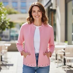 Fia Italia Hand Loomed Sweater Cardigan Sz L Full Zip Pink Grommets and Pockets